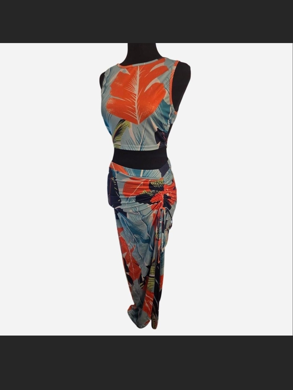 Chic Me Tropical Leaf Cutout Dress Ruched Maxi Skirt Set -  Size Medium